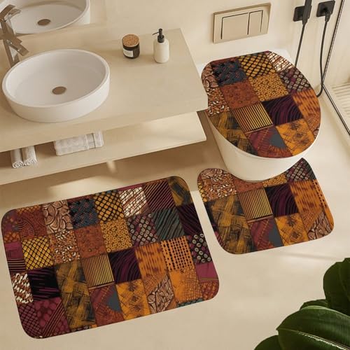 Ensemble salle de bain patchwork africain 4 pièces avec rideau et tapis antidérapants