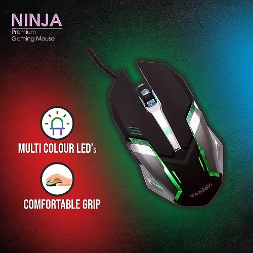 Image of Zebion Ninja M Wired Optical Gaming Mouse (USB 2.0, Black) Come with RGB Light, Adjustable DPI 1000 /1600 /2400 & 3200, 6 Buttons, 1 Year Warranty