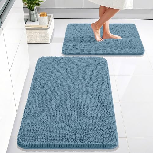 Image of OLANLY Bathroom Rugs Sets 2 Piece, Soft Absorbent Chenille Bath Mats Area Rug Set, Non-Slip, Quick Dry, Machine Washable Bath Mats for Bathroom, Home Decor Accessories (30 inchx20 inch+24 inchx16 inch, Airy Blue)
