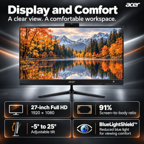 Image of Acer Aspire 27 inch IPS FHD All-in-One Desktop Computer | AMD 8-Core Ryzen 7 5825U (Up to 4.5GHz) | 16GB RAM, 256GB SSD | Office 365 for The Web | WiFi 6E, Bluetooth 5.3 | Wireless KB & Mouse | Windows 11