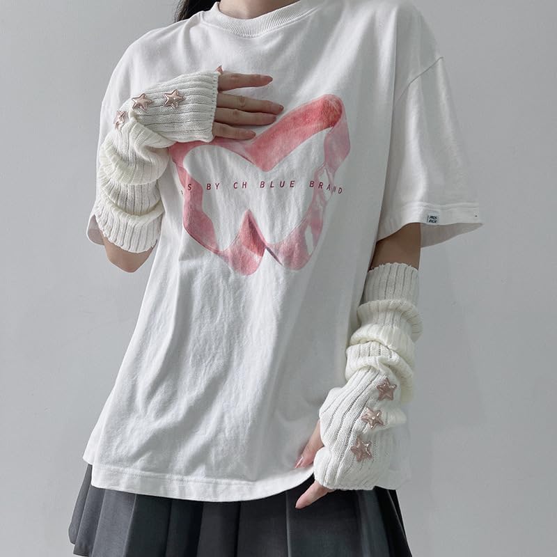 Y2K Coquette Stars Arm Warmers Cute Knit Fingerless Gloves Gyaru Harajuke Lolita Arm Covers w/Thumb Hole Arm Sleeve