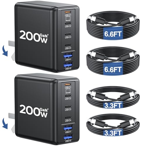2 Pack 200W USB C Charger with 4 USB Cables 6-Port Wall Charger Laptop Fast Charger Type C Charging Block for MacBook Pro Dell XPS iPhone 17 iPad Tablet Chromebook Black