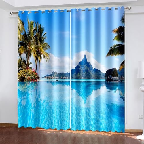 ANAZOZ Cortinas Dormitorio Ollaos,2 x 86W x 229H CM,2 Paneles Cortinas Opaca Ventana Paisaje de Piscina y Casa Cortina Azul Verde Habitacion