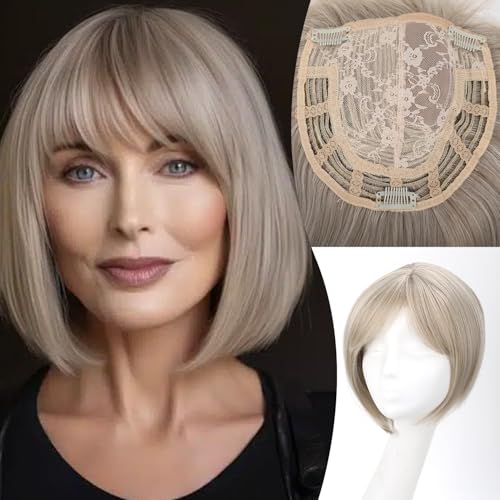 Civrie Hair Toppers for Women with Bangs Short Bob Synthetic Hair Pieces for Thinning Hair Side Part Lvory Blonde