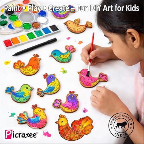 Image of PICRAZEE DIY Kit for Kids & Adults - Bird Fridge Magnet Painting Kit (10 Designs) | Ready-to-Paint 5.5 mm Thick Wooden DIY Craft Kit with Colors, Brushes & Magnets | Screen-Free Activity (Birds)