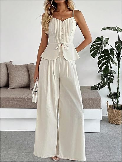 Women's 2 Piece Summer Outfit Button Down Peplum Cami Top and Wide Leg Pants Set - Image 5
