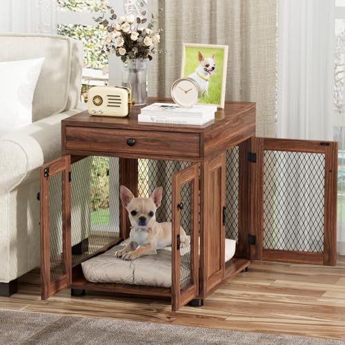 VOWNER Hundekäfig Möbel Indoor, 3 Türen Holz Hundebox mit Schublade, Moderne Hundehütte als Beistelltisch, 51 x 60 x 62 cm für kleine Hunde Zuhause unter 20 kg, Walnussbraun