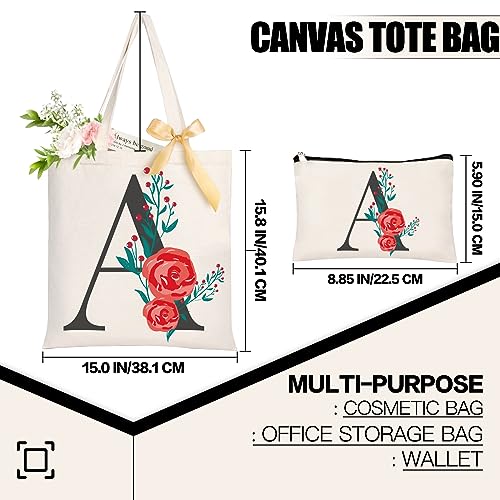 DEEZOMO Floral Initial Canvas Tote Bag for Women Bridesmaid Gifts - Personalized Monogrammed Beach Bags for Holiday, Birthday, Wedding (Letter A