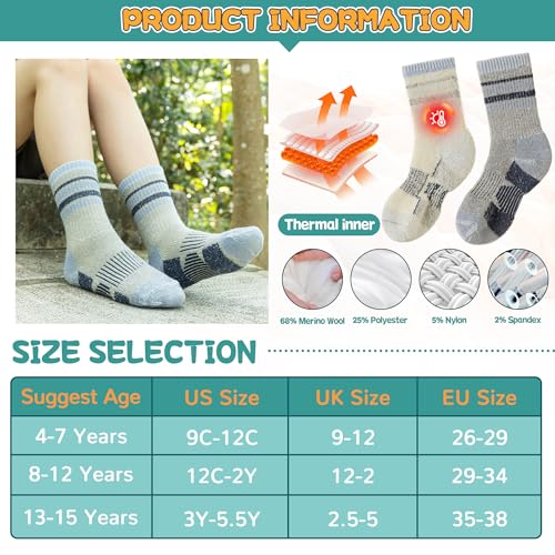 SeeyAN Kids Merino Wool Hiking Socks Boys Girls Thermal Winter Warm Boot Toddlers Thick Cushion Socks 4 Pairs 6