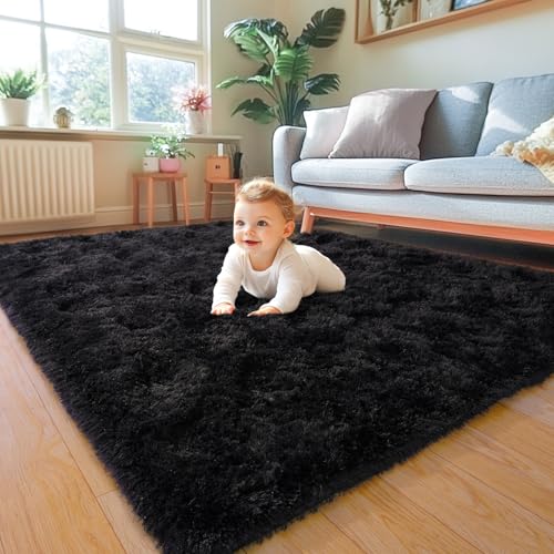 KING DARE Black Area Rugs 4x6 Rug for Bedroom, Fluffy Washable 4 x 6 Dorm Rugs, Plush Fuzzy Shaggy Furry Non-Slip Modern Soft Carpet for Living Room Playroom Kids Room Aesthetic Rug