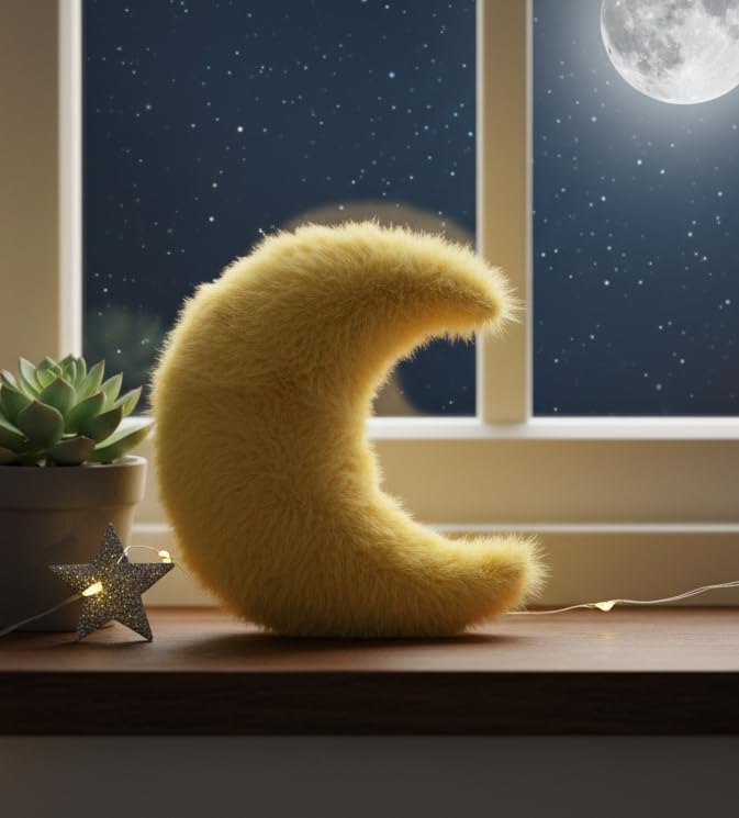 Image of Moon Plush Pillow, White Faux Fur, Decorative Throw Cushion (Small)