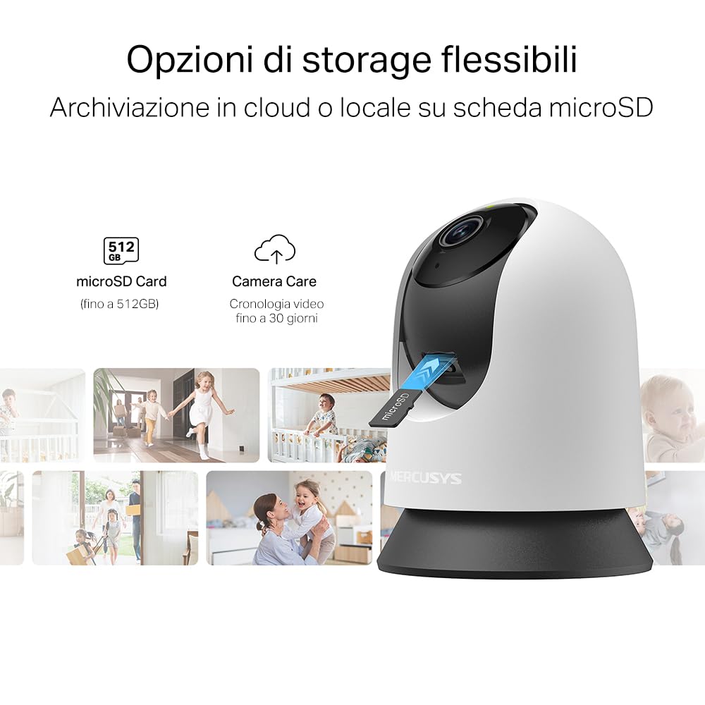 MERCUSYS MC210 Telecamera Wi-Fi Interno 2K 3MP, Videocamera Sorveglianza 360°, Visione Notturna, Audio a 2 Vie, Rilevamento di Movimento/Notifiche/Allarme, ZonaPrivacy, Supporta microSD fino a 512 GB