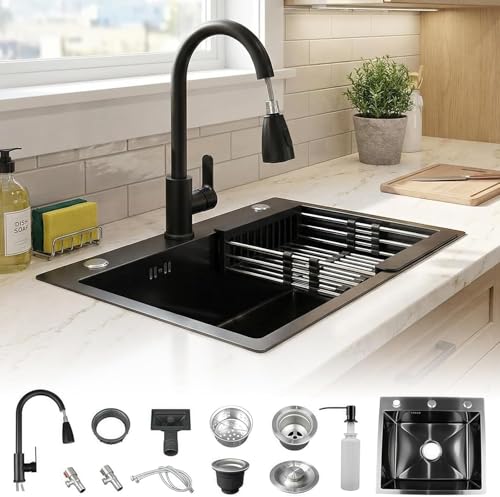 NBYTLT 50 * 45cm Black Single Kitchen Sink Stainless Steel Single Basin Includes Pull-Down Faucet and Purified Water Faucet Drop-in Workstation Sink with Drainboard and Multiple Accessories
