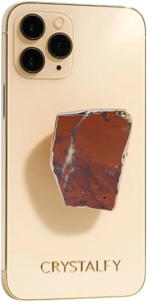 Grips by CRYSTALFY Red Jasper Gold Edge Irregular Shape Crystal Phone Grip Holder & Expanding Kickstand - Natural Gemstone Swappable Top Accessory for iPhone, iPad, Kindle & Mobile Devices