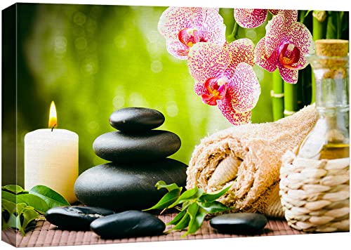 wall26 Canvas Print Wall Art Massage Stones Zen Pink Orchid Flower Plants Candles Nature Wilderness Photography Realism Rustic Landscape Colorful for Living Room, Bedroom, Bathroom, Office - 16"x24"