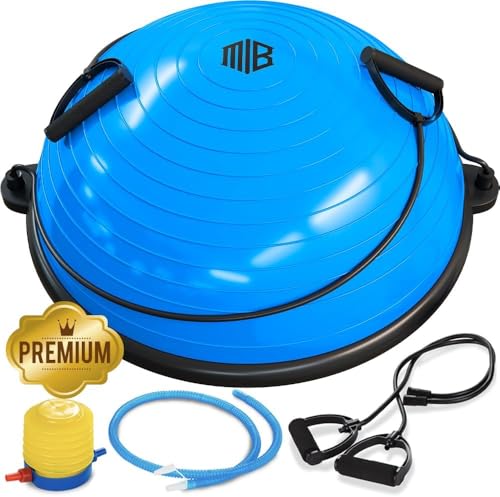 ManiBoom Bola Equilibrio Fitness Ø60cm con Inflador y 2 bandas de Resistencia - Ball ANTIDESLIZANTE para Yoga, Pilates, RECUPERACION Muscular y Estabilidad- Cojin Equilibrio Sensorial y ORTOPEDICO