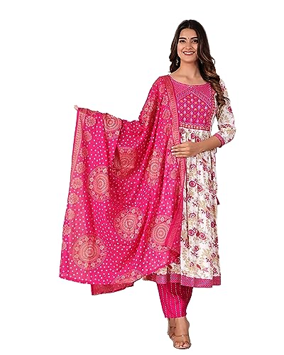 Image of MANHAREE | Women's Rayon Printed Embroidered Anarkali Kurta with Pant & Dupatta Set