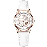 ZUNPAI Fashion Flower Dial Watch for Women Four-Leaf Clover Crocodile-Patterned Leather Strap, Ladies Wristwatch Analog Quartz with Diamond Roman Number Mark Waterproof Luminous (White)