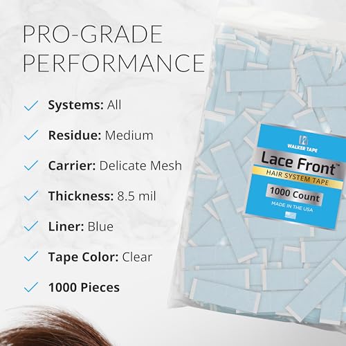 Image of Walker Tape Lace Front Support Tape Strips 1 inch x 3 inch, Double Sided Wig Tape for Lace, Toupees, and in Hair Extensions Human Hair, Hypoallergenic No-Shine Hairpiece Tape for 2-3 Week Wear, 1000 Pieces
