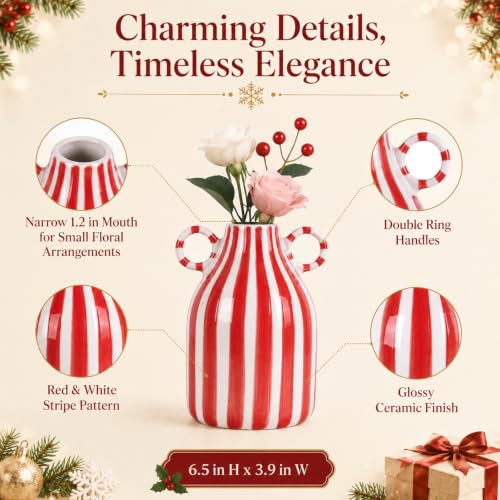 Image of Red and White Striped Ceramic Vase with Double Ring Handles
