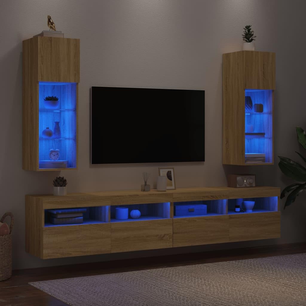 Supporto TV con Luci a LED, Legno Composito, Mobile TV a Parete con Ante e Divisori in Vetro per Lettore DVD, Dischi e Altri Piccoli Oggetti (30,5×30×90 cm)
