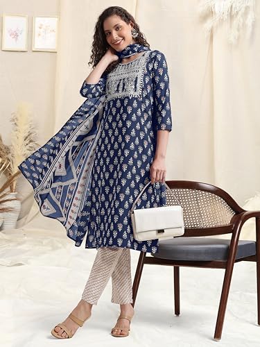 Image of MIRCHI FASHION Women's Straight Fit Pure Cotton Printed Kurta Set with Dupatta and Trouser