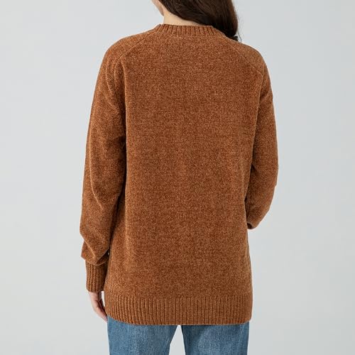 Image of Simple&Opulence Women's Chenille Sweater Crewneck Long Sleeve Pullover Ribbed Cuff Hem Round Neck Jumper Tops