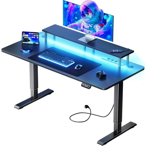 Migliori scrivanie regolabili in altezza HLFURNIEU Scrivania Gaming LED 120 x 60 cm, Scrivania Regolabile in Altezza con Prese & Porte USB, Tavolo Gaming con Supporto per Monitor, 2 Controlli Memoria, Postazione Gaming Nero