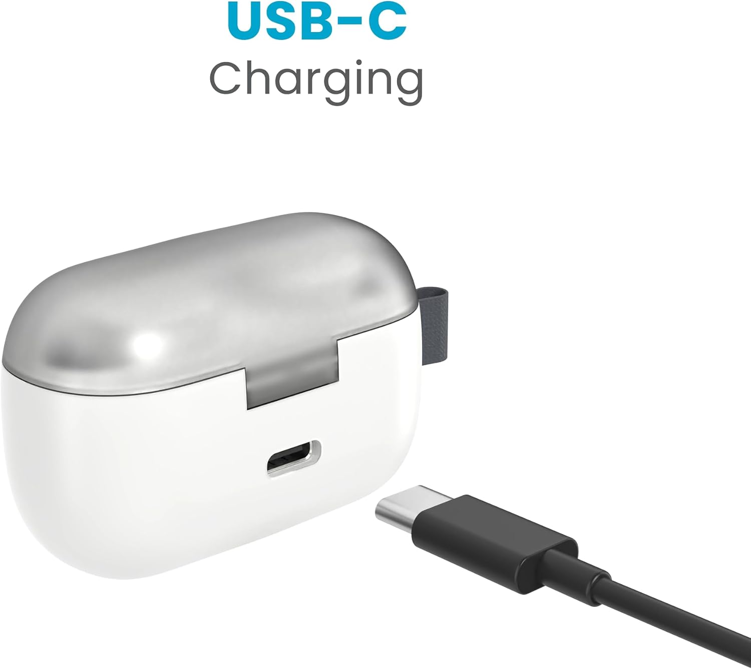 The Speck Gemtones charging case with a USB-C cable plugged into its charging port.