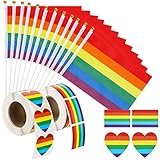 50 Pack Rainbow Pride Flags and 1000 Pride Stickers Small Gay Flag Heart and Rectangle Rainbow Stickers Mini Handheld LGBTQ Rainbow Flag Lesbians Pride Month Stuff Set for Parade Party Decorations