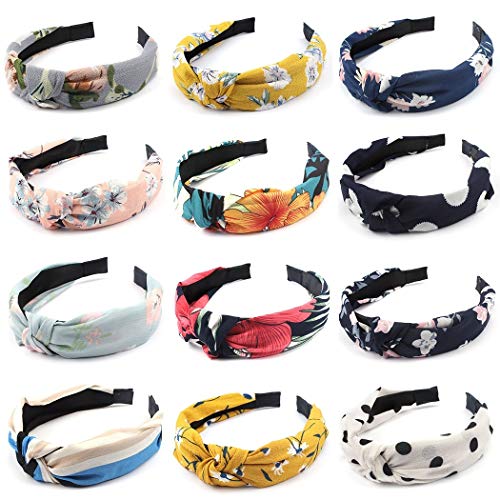 Boho Headbands for Women, Knot Headbands, Turban Headbands for Women, Cross Hard Headbands Hair Accessories (12 Colors, 12 Styles)