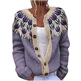 TURWXGSO Cardigans for Women UK Retro Ethnic Print Jumper Warm Casual Ladies Knitted Crew Neck Front Button Up Aran Cardigan Long Sleeve Lightweight Sweater Jackets Knitwear