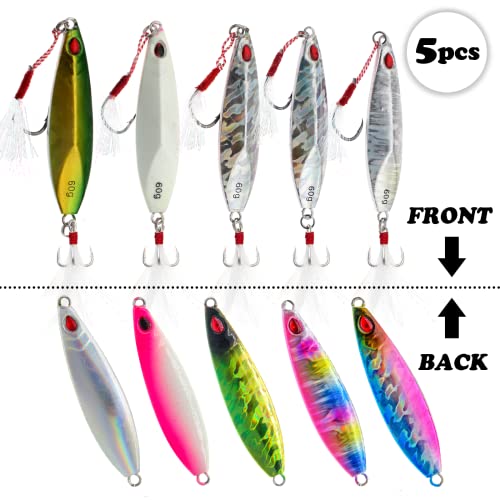 Fregito Fishing Jigs Vertical Saltwater Jigs Vertical Jigging Spoon Fishing Tuna Lures Boat Fishing Artificial Lures For Tuna, Grouper, Dogtooth, Snapper, Bass, Salmon/60G, 80G,120G (5Pcs-60G Short) #TOP2