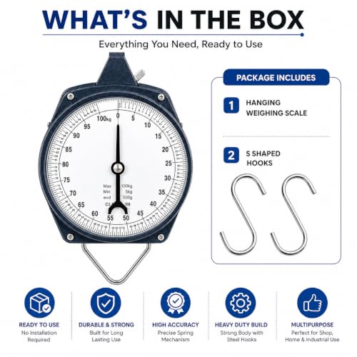 Image of 100 KG Mechanical Hanging Weighing Scale with 2 Steel Hooks | Heavy Duty Analog Manual Weight Machine | Metal Spring Balance Scale for Grocery Shop, Warehouse, Agriculture & Industrial Use