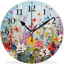 Round Analog Wall Clocks Non-Ticking Silent Clock Battery Operated Clcoks Decorative for Living Room,Office,Bedroom-Spring Wildflowers16inch