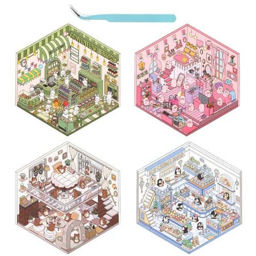 Yuanchu 4 Sets DIY 3D Stickers Scene,Hausau fkleber Set 3D Landscaping Stickers mit Pinzette Cartoon Miniatur Szenen Aufkleber Fun Stacking Scene House Sticker Therapy für Kinder Erwachsene Stressabba