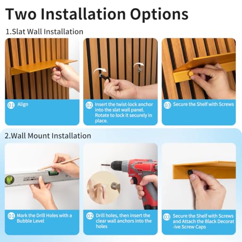 Image of Art3d Floating Shelves for Wood Slat Panels, 11.8 x 4.7 in, 2-Pack, Gold