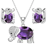 GZWHD Purple Amethyst Elephant Necklace and Earrings Set for Women Silver Tone Jewelry Set, Birthday