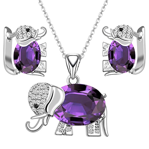 Gzwhd Purple Amethyst Elephant Necklace And Earrings Set For Women Silver Tone Jewelry Set, Birthday/Graduation Gifts For Girls/Students/Animal Lovers/Biologist #TOP12