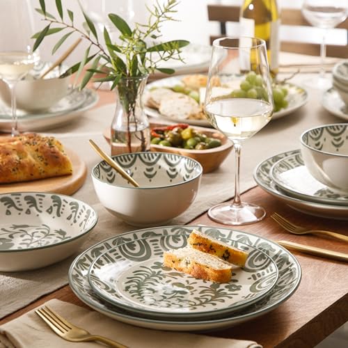 Image of 2-Time Oprah's Favorite Things - Valencia Flor 16 Piece Dinnerware Set, Artisanal Decorated Stoneware Plates & Bowls, Service for 4, Microwave & Dishwasher Safe, Fern Green