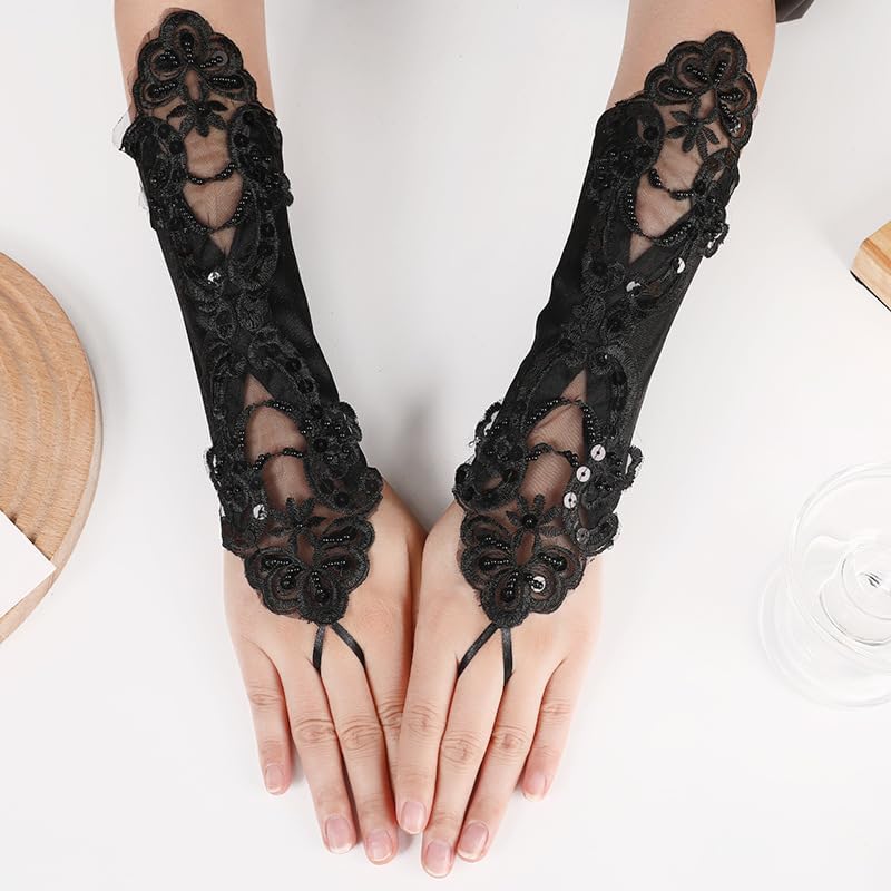 Specell Lace Sequins Beads Fingerless Gloves Womens Fingerless Satin Gloves For Bridal Wedding Prom Party Costume Accessories - Image 4
