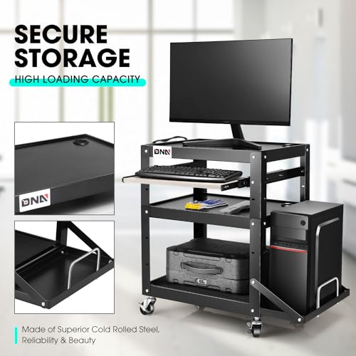 Image of DNA Motoring Steel AV Cart 3-Layer Rolling Projector Utility Cart, 24 inch X 18 inch X 20 inch - 30.5 inch Height Adjustable, with Wheels, Pullout Keyboard Tray, Power Strip, Cord Management, TOOLS-00495