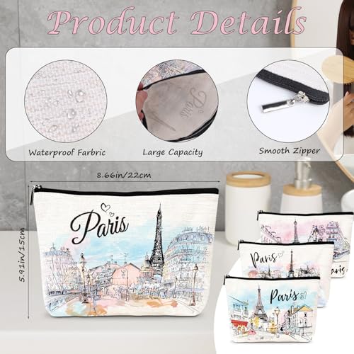 Paris Gifts Travel Essentials - 4Pcs Eiffel Tower Makeup Bag, France Paris City Watercolor Cosmetic Bags with Zipper Pouch, Weekend Vacation Trip Gifts for Travellers Women Girls2