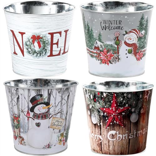 WISTART 4 Packs Christmas Metal Planters Indoor Christmas Flower Plant Pots Basket Christmas Gardening Containers for Balconies Gardens Patios Office Parties Home Décor(6 Inches) (Red)