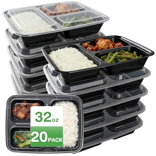 Meal Prep Containers 3 Compartment 20 Pack, 32 oz Divided Reusable Lunch Box Food Storage Containers with Lids Durable Food Storage Containers Black, Microwave Dishwasher Freezer Safe, BPA Free