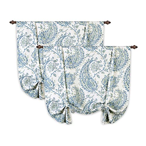 Driftaway Jacob Linen Blend Blackout Tie Up Curtain For Kitchen Scroll Floral Linen Curtains Paisley Printed Tie Up Shade For Bedroom Adjustable Balloon Rod Pocket 45 Inch By 63 Inch Blue Green 2 Pack #TOP8