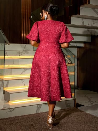 Image of AOMEI Women's Irregular Neck with Flower Short Puff Sleeve High Waist A-Line Jacquard Dress