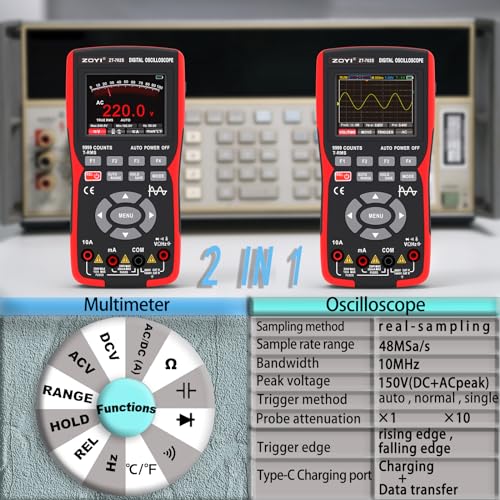 Image of ZOYI 2 in 1 Digital Oscilloscope Multimeter, Dual Channel 10MHz, Max 48MSa /s Sampling, 9999 Counts True RMS, Auto Range Voltage Current Resistance Waveform Tester