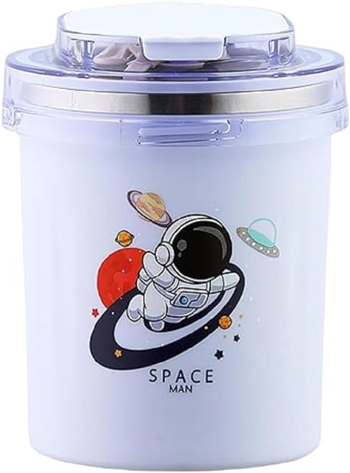 Astronaut Mug with Lid for Kids, Stainless Steel Mug for Hot and Cold Drink, Double Wall Insulated Vacuum Lunch with Spoon & Straw, Travelling Cup Milk Coffee Tea Soup Maggy (Purple- 530 ML)