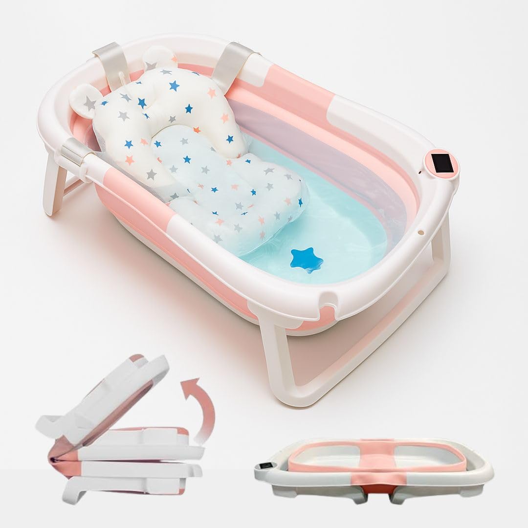 BAÑERA PLEGABLE BEBÉ 5 EN 1 Termómetro + Cojín Protector + Patas Antideslizantes + Tapón de Seguridad | Bebé Recién Nacido | Diseño Plegable en 2 | Fácil de Guardar y Transportar (Azul) — view 12